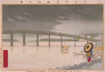 View of Rainfall on Shin-Ou-hashi in To-kei av Kobayashi Kiyochika