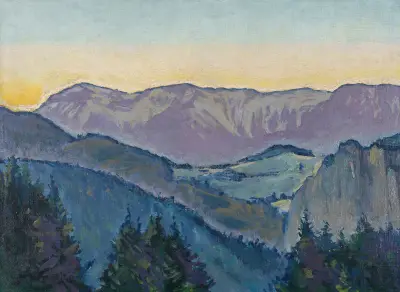 Blick auf die Rax von der Villa Mautner v. Markhof im Abendlicht av Koloman Moser