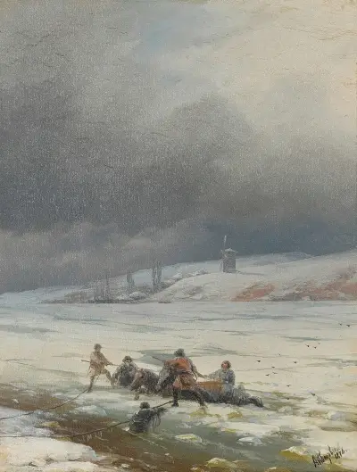Hauling a Horse and Cart out of the Ice av Ivan Konstantinovich Aivazovsky