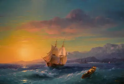 Ship at Sunset off Cap Martin av Ivan Konstantinovich Aivazovsky