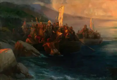 The Disembarkation of Christopher Columbus with Companions on Three Launches, on Friday 12th October 1492, At Sunrise, on an American Island Named San Salvador by Him on the Very Same Day av Ivan Konstantinovich Aivazovsky
