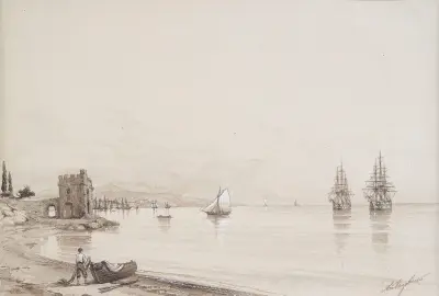 View of a bay with numerous sailing-ships av Ivan Konstantinovich Aivazovsky
