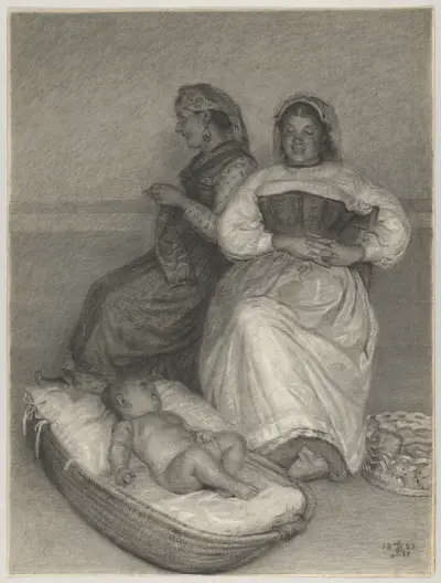Two Seated Italian Women with a Baby in a Cradle av Kristian Zahrtmann