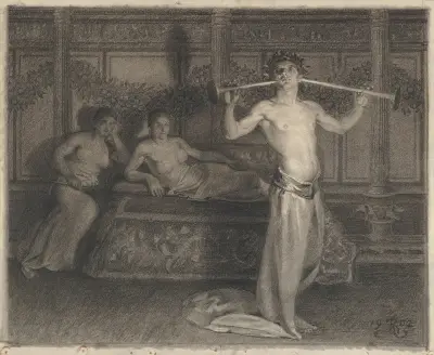 Two Women in an Interior Listening to a Young Musician in Antique Times av Kristian Zahrtmann