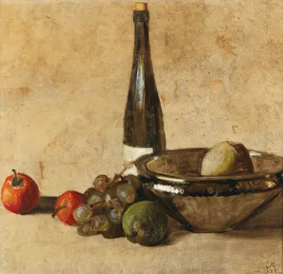 Still life with wine bottle and fruit av Kurt Schwitters