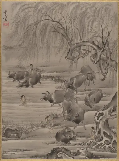 Buffel och boskapsdräng av Kawanabe Kyōsai