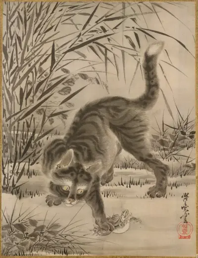 Katt som tar en groda av Kawanabe Kyōsai