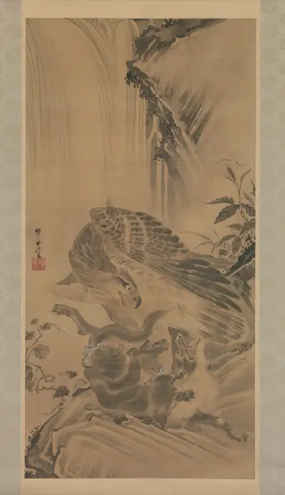 Örn anfaller en bergslejon av Kawanabe Kyōsai