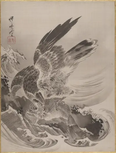 Örn som anfaller fisk av Kawanabe Kyōsai