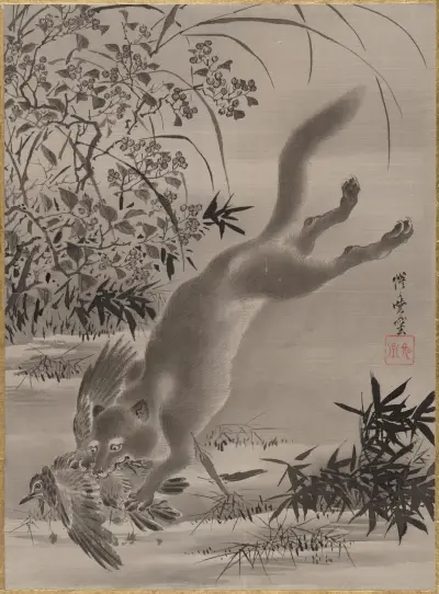 Fox Catching Bird av Kawanabe Kyōsai
