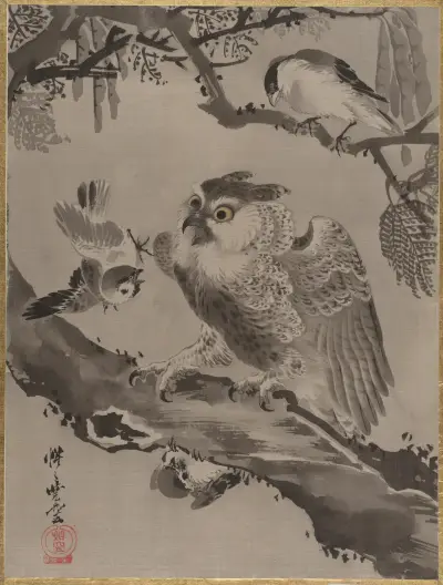 Owl Mocked by Small Birds av Kawanabe Kyōsai