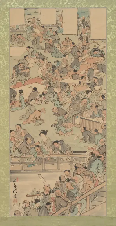 Målning och kalligrafi vid Nakamurarō i Ryōgoku av Kawanabe Kyōsai