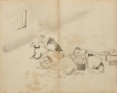 People Dining and Reading av Kawanabe Kyōsai