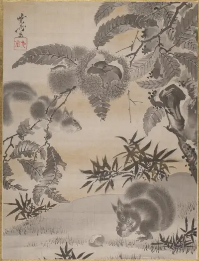 Ekorrar som samlar kastanjer av Kawanabe Kyōsai