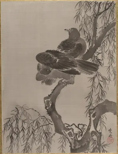 Två fåglar på en gren av Kawanabe Kyōsai