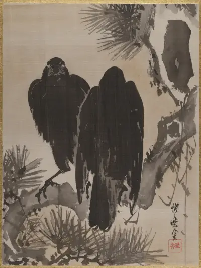 Två kråkor på en tallgren av Kawanabe Kyōsai