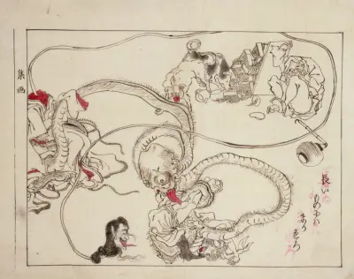 Two long-necked creatures accosting a noodle shop customer av Kawanabe Kyōsai