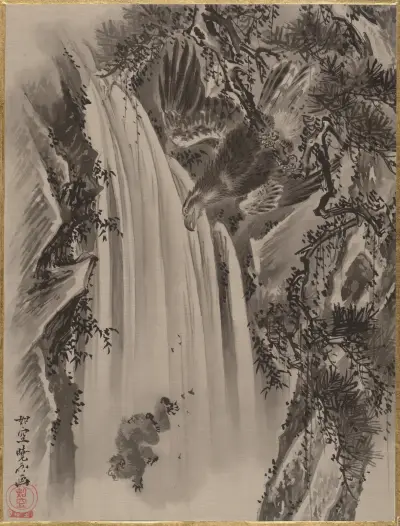 Waterfall, Eagle and Monkey av Kawanabe Kyōsai