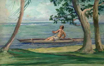 Pojke i kanot som passerar framför vårt hus, Vaiala, Samoa av John La Farge