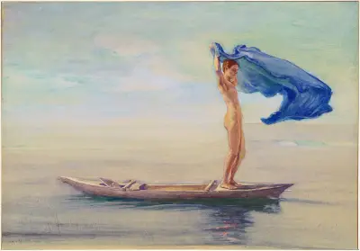 Girl in Bow of Canoe Spreading Out Her Loin-Cloth for a Sail, Samoa av John La Farge