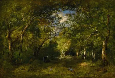 Allée En Forêt, Bûcheronne Courbée Sous Le Poids De Son Fagot, Traces D’eau av Narcisse-Virgile Diaz de La Peña