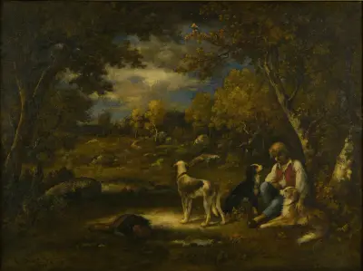 Pojke med sina hundar i en skog av Narcisse-Virgile Diaz de La Peña