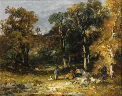 Chasseurs dans un sous bois von Narcisse-Virgile Diaz de La Peña