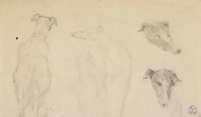 Deux esquisses de chiens, et deux croquis de tête de chien von Narcisse-Virgile Diaz de La Peña