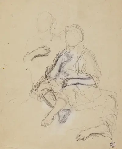Två draperade figurer sittande framifrån och armstudie av Narcisse-Virgile Diaz de La Peña