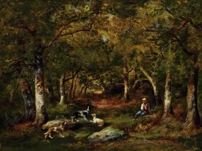 Barn och jakthundar i skogen av Narcisse-Virgile Diaz de La Peña
