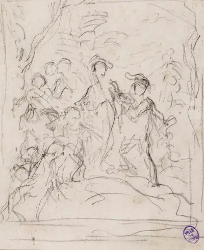 Esquisse d’un groupe de personnages dans une forêt von Narcisse-Virgile Diaz de La Peña
