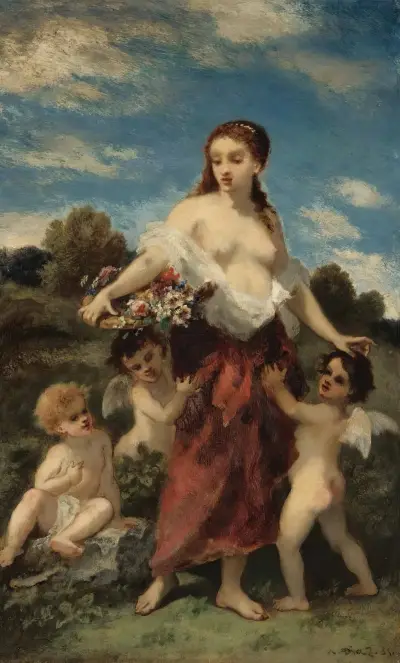 Flora överraskad av kärleken eller oskulden i fara av Narcisse-Virgile Diaz de La Peña