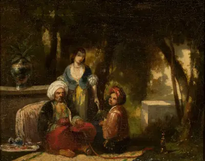 Man med narghile mot skogslandskap av Narcisse-Virgile Diaz de La Peña