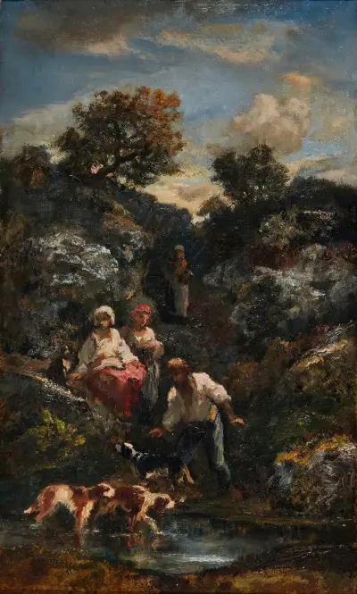 Fyra bohemer och hundar, en damm nära klippor av Narcisse-Virgile Diaz de La Peña
