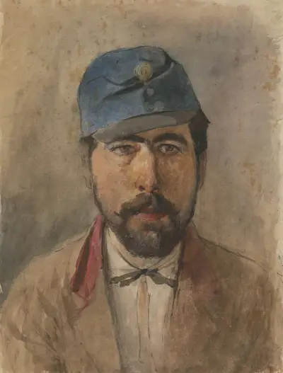 Portrait of a soldier in a blue cap av Ladislav Mednyánszky