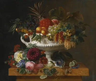A Classical Urn with Gooseberries, Apricots, Currents, Cherries, Peaches and Pineapple set on a Flower Covered Plinth av Johan Laurentz Jensen