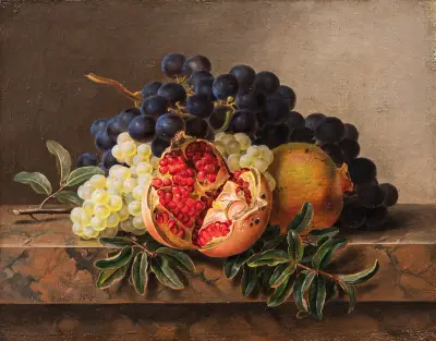 Pomegranates and green and blue grapes on a marble frame av Johan Laurentz Jensen