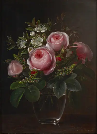 Roses and Tree Anemones in a Glass Vase av Johan Laurentz Jensen