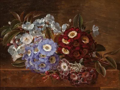 Still life with primroses on a marble ledge av Johan Laurentz Jensen