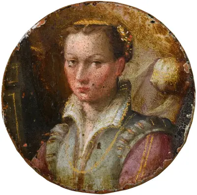 Portrait of a young woman, bust-length, in a green dress with pink sleeves av Lavinia Fontana