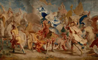 Combat between Menelaus and Paris av Charles Le Brun