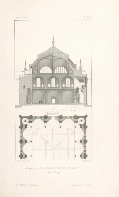 Grande salle (système de structure russe). — Plan et coupe av Eugène-Emmanuel Viollet-le-Duc