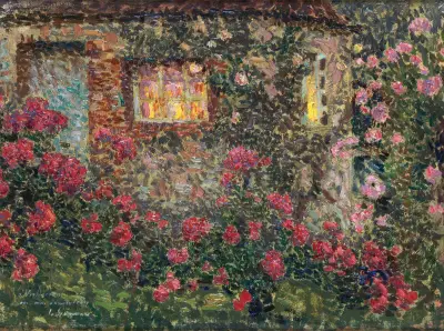 Buitenhuis tussen rozen av Henri Le Sidaner