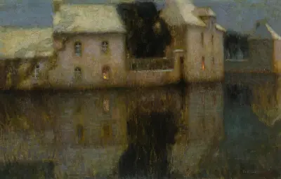 Liten stad vid floden, snö av Henri Le Sidaner