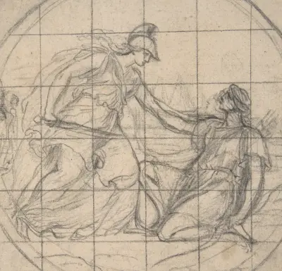 Design for a Medallion; Huntress Kneeling before an Armed Goddess av Eustache Le Sueur