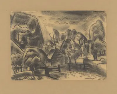 Gård och uthus bland träd av Leo Gestel
