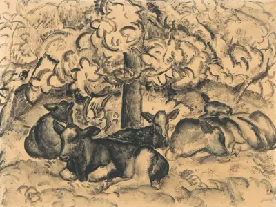 Boomgaard met kalveren av Leo Gestel