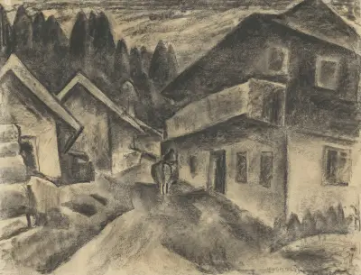 Byliggande med man och ko på byväg av Leo Gestel