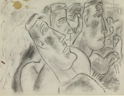 Tre bönder i en hage med hästar av Leo Gestel