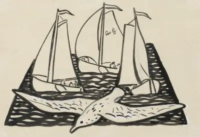 Tre segelfartyg och en mås av Leo Gestel